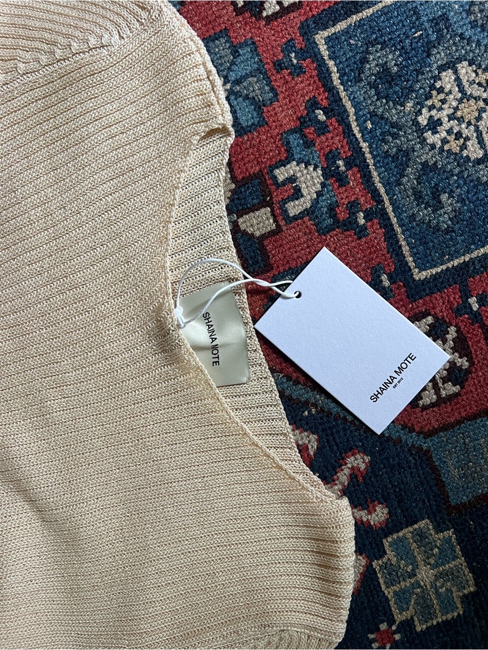 Ribbed Short-Sleeve Knit Tee in Light Beige - Picture 5 of 6
